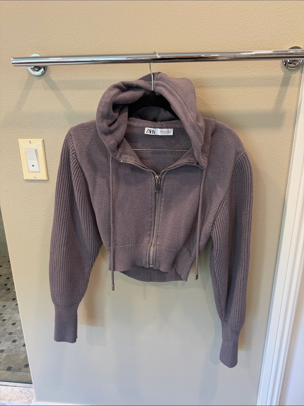 ZARA Cropped Hooded Zip Cardigan - Dusty Gray Mauve Small